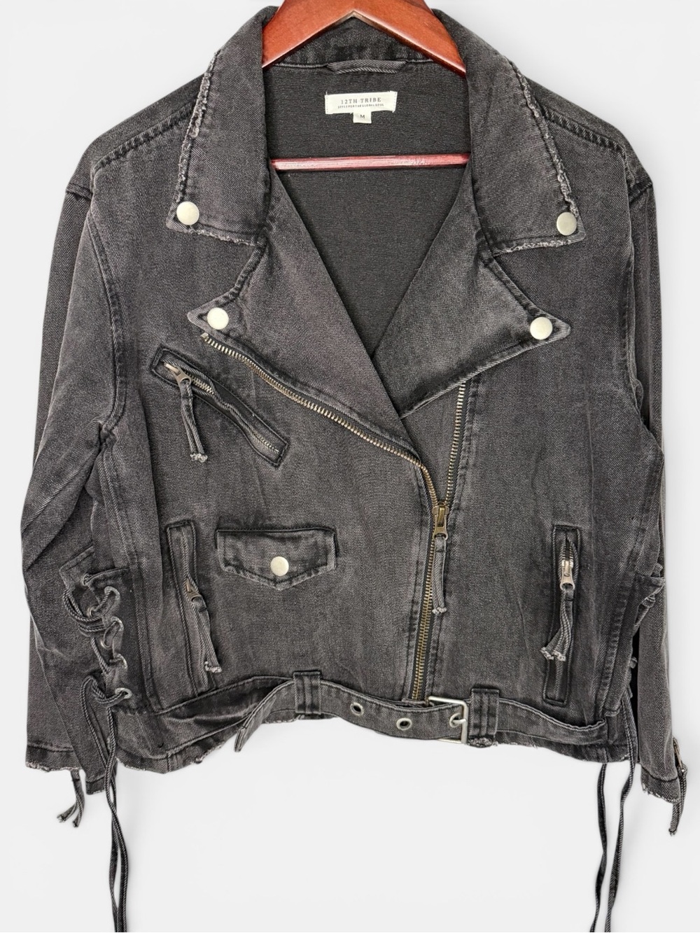 12th Tribe Women's Lace-Up Distressed Biker Moto Denim Jacket | Size Medium